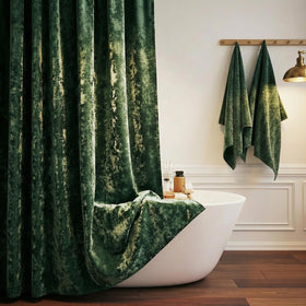 TAMGHO crushed velvet shower curtain in dark green for a luxurious bathroom upgrade.