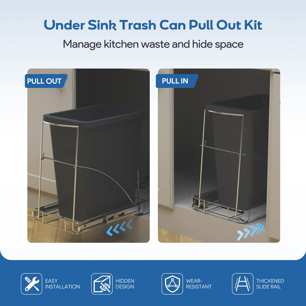 Tanamu under-sink slide-out system demonstrating smooth ball-bearing action for 35-quart capacity.