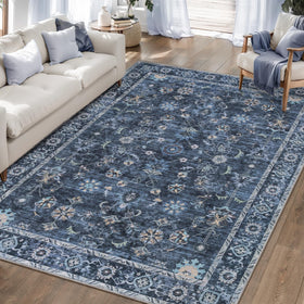 Tangsoo 5x7 blue area rug with floral pattern adds timeless elegance to bedrooms.