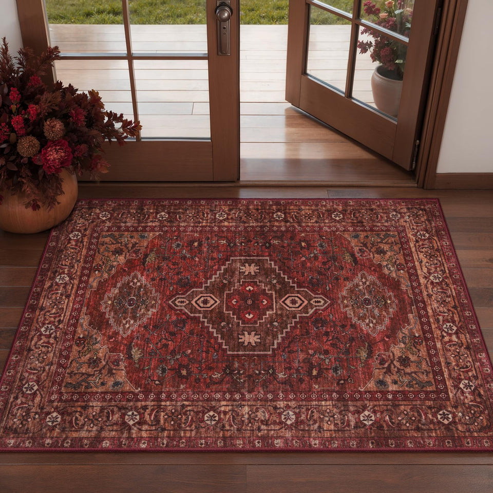 Tangsoo red 2x3 entryway rug close-up shows vintage floral medallion for classic foyer decor
