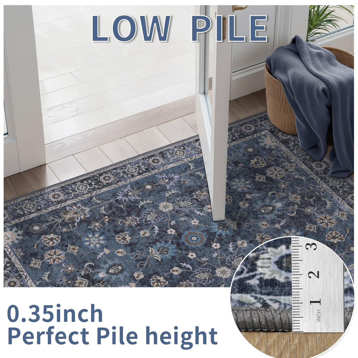Tangsoo blue floral rug features soft low pile for barefoot comfort.