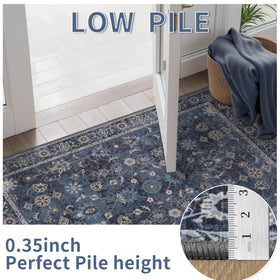 Tangsoo blue floral rug features soft low pile for barefoot comfort.