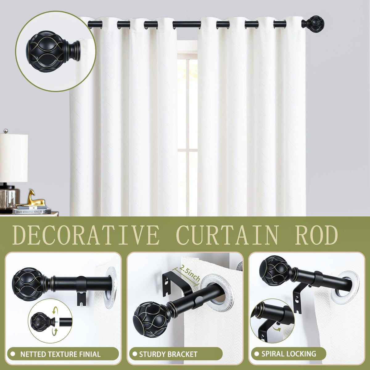 TANGWIN black curtain rod shows 1-inch diameter, emphasizing durable construction.