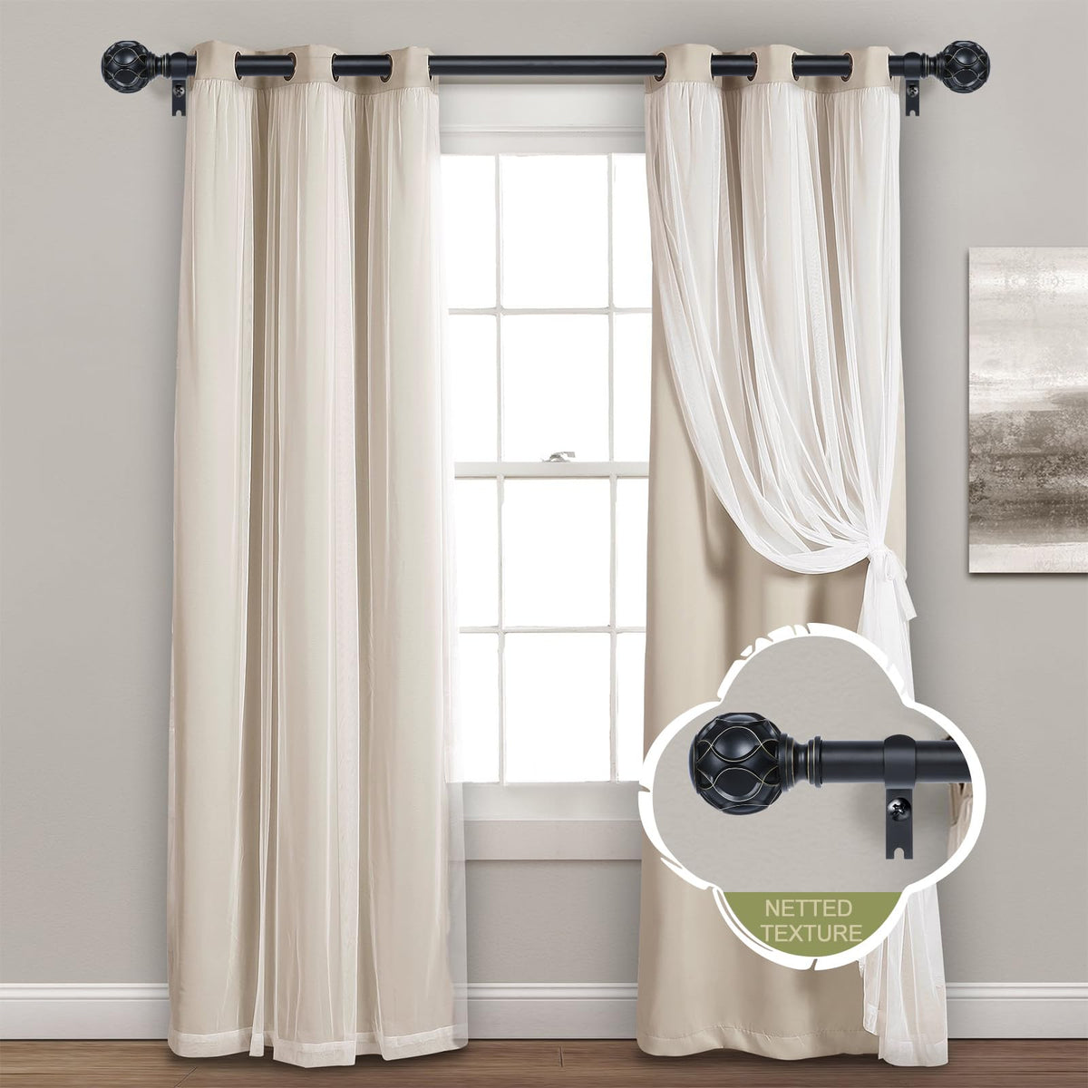 TANGWIN matte black curtain rod enhances room balance and style.