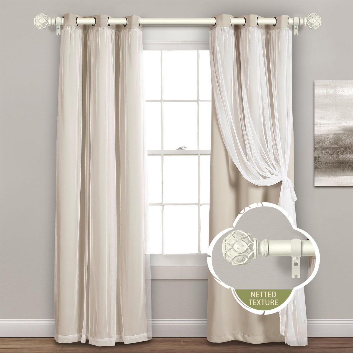 TANGWIN rod creates cozy bedroom ambiance with warm antique white finish.