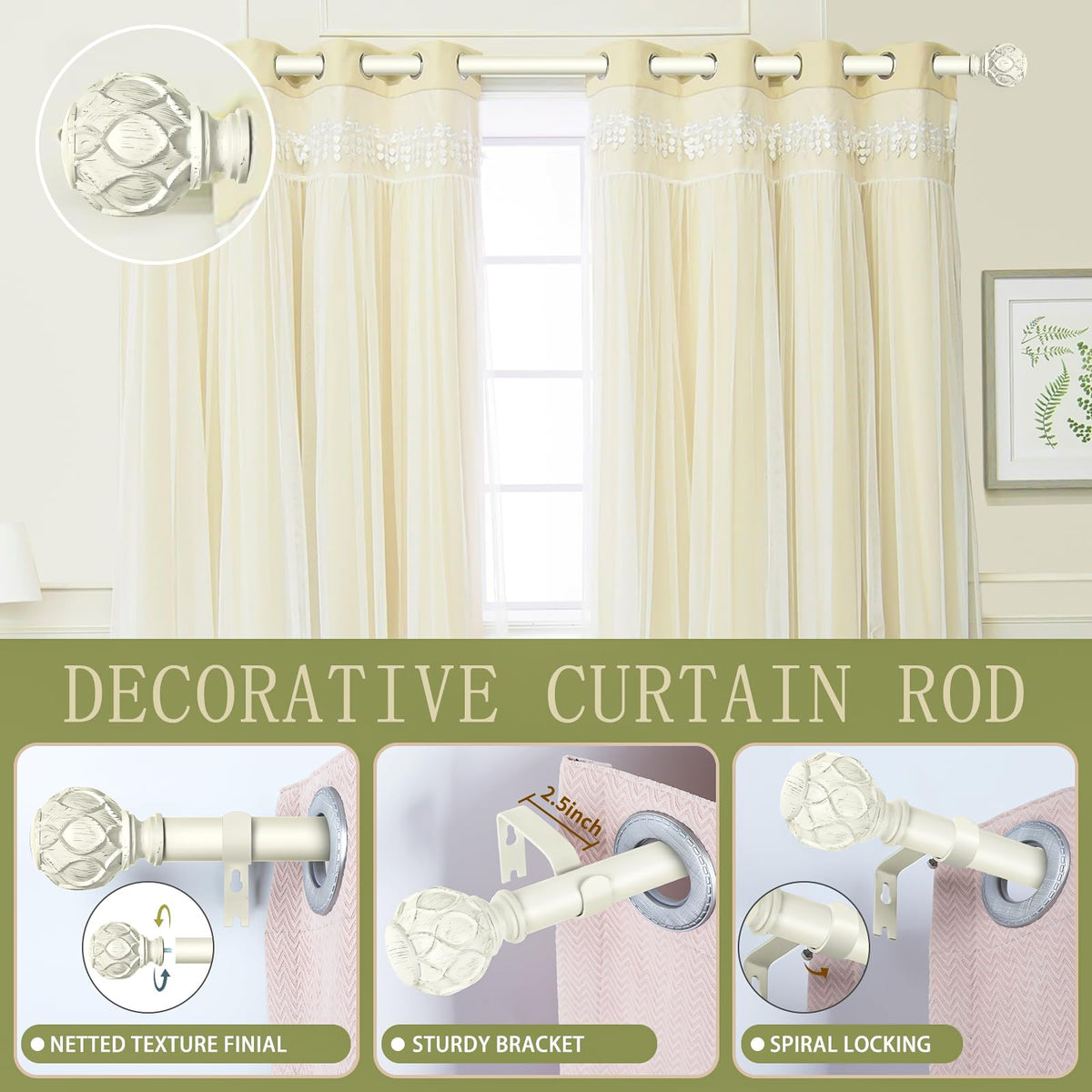 TANGWIN white farmhouse curtain rod extension for 36-88 inches, seamless length adaptation.
