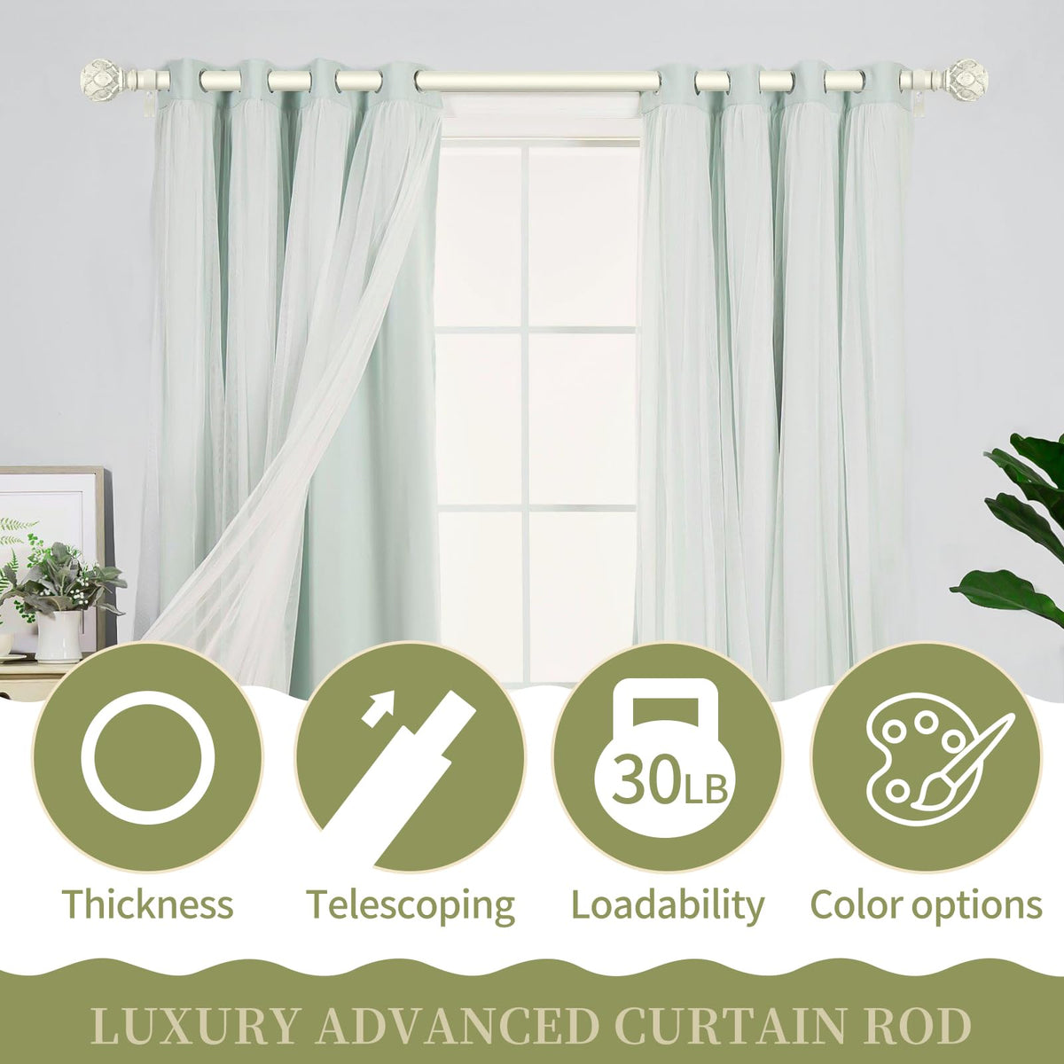 TANGWIN vintage coastal finials on white curtain rod add decorative texture.