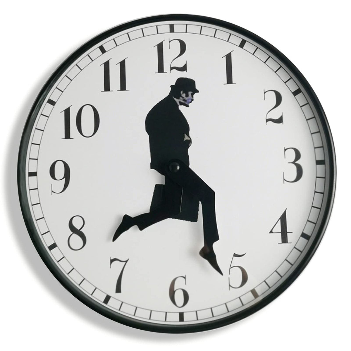 Tankrin Ministry of Silly Walks Clock front view with black frame for stylish living rooms.