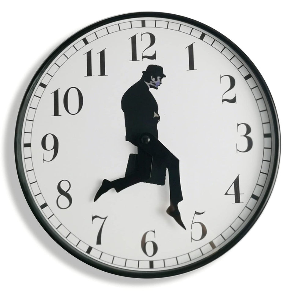 Tankrin Ministry of Silly Walks Clock front view with black frame for stylish living rooms.