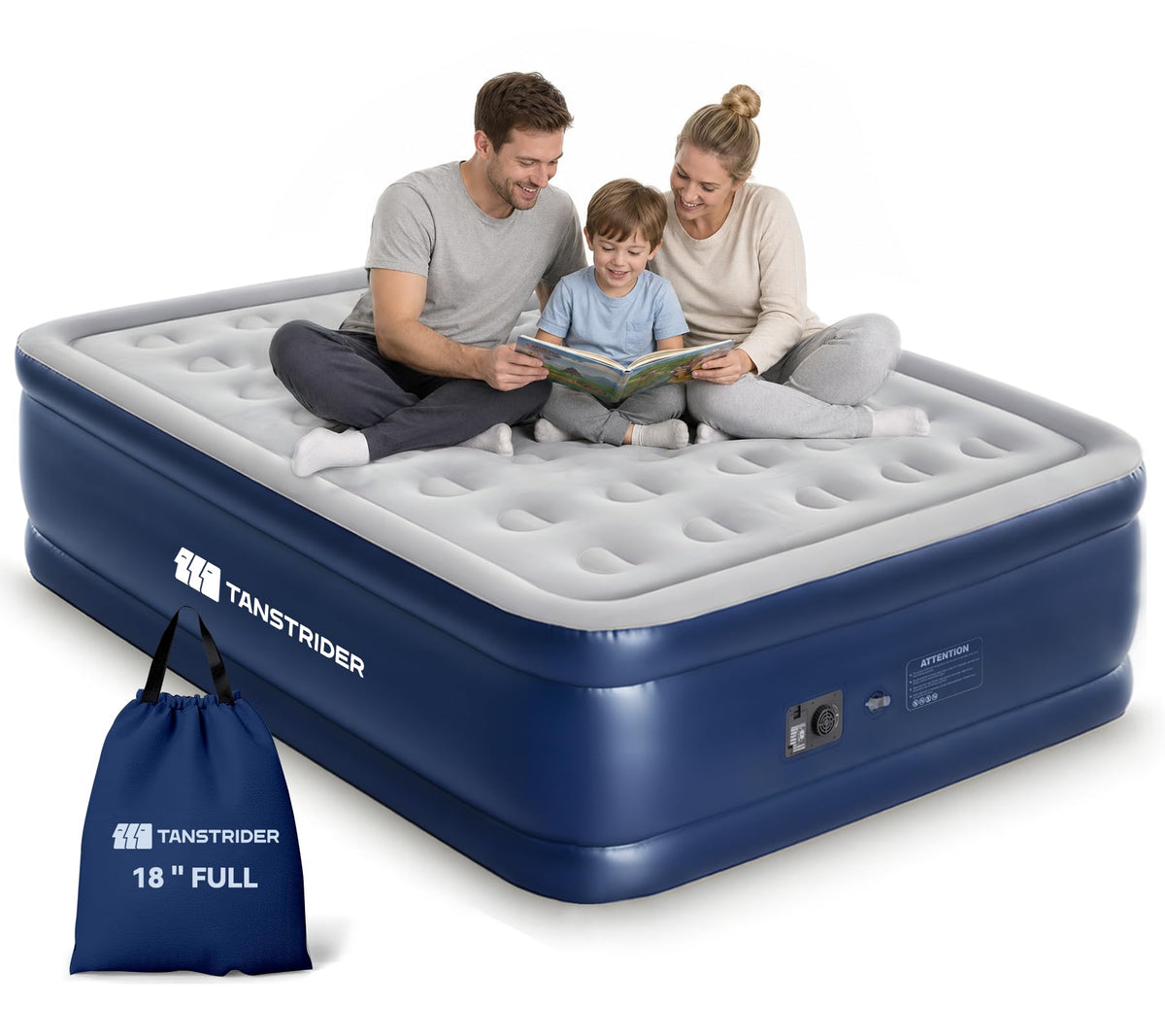 TANSTRIDER full-size air mattress with built-in pump inflates quickly and quietly.