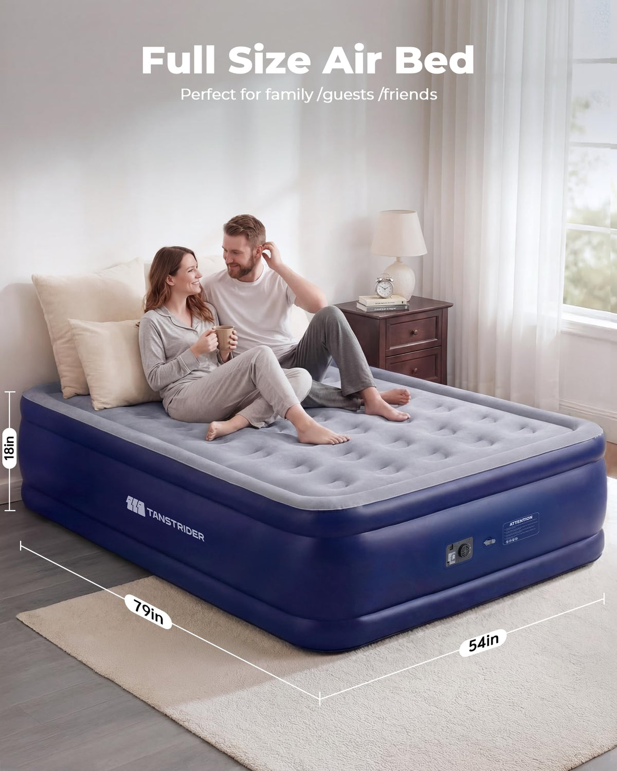 TANSTRIDER full-size air mattress dimensions 75x54x18 inches for spacious sleeping.