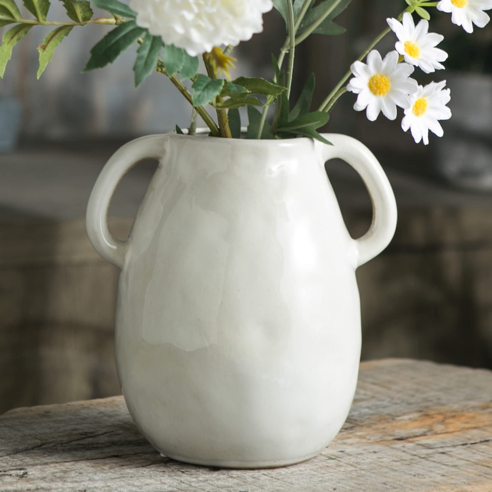 Tanvecle white ceramic vase with two handles shown as a sturdy farmhouse centerpiece.