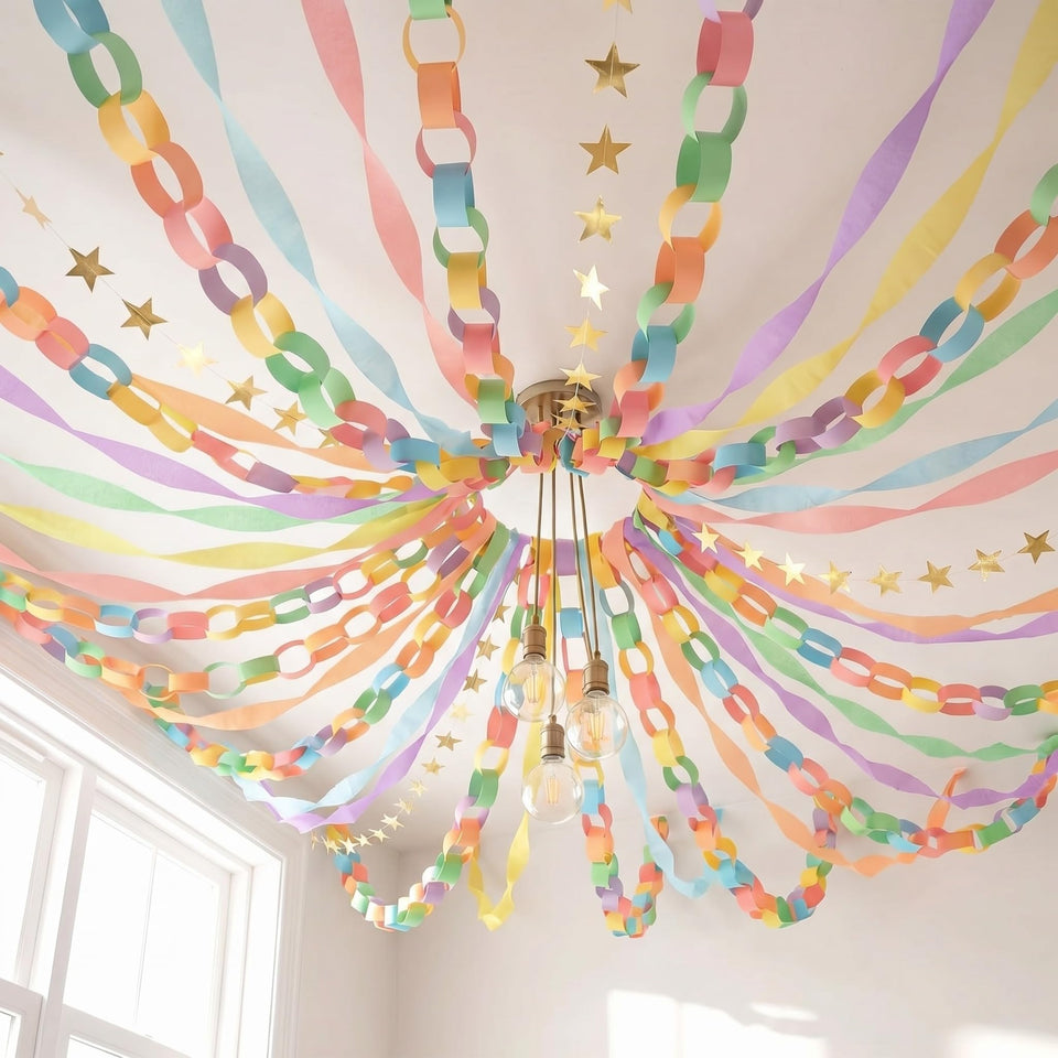 TaoBary pastel crepe streamers brighten ceilings for festive celebrations.