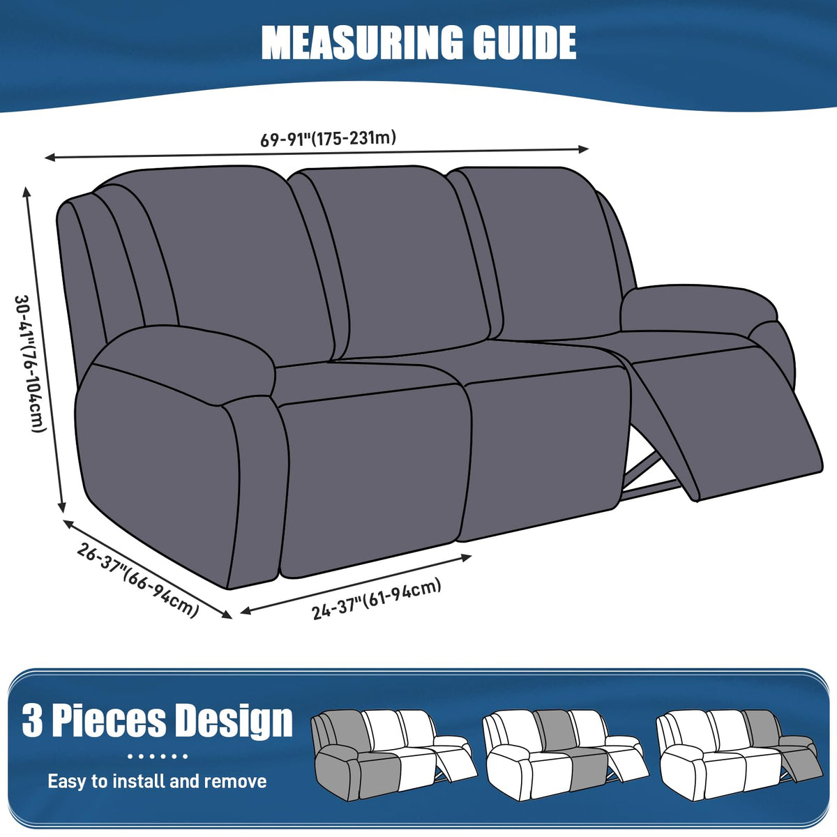 TAOCOCO slipcover fits 69-91 inch 3-seat reclining couches and 30-41 inch height.