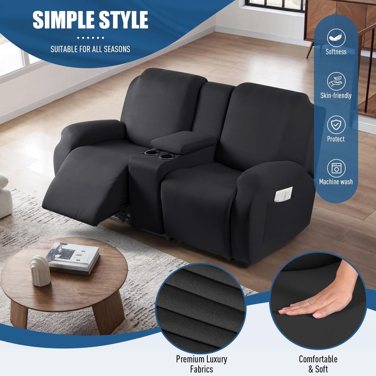 TAOCOCO reclining loveseat slipcover console piece — tailored look around the middle console.