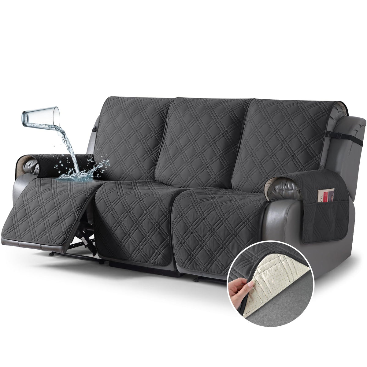 TAOCOCO waterproof recliner cover for 3-seater charcoal protects furniture from spills