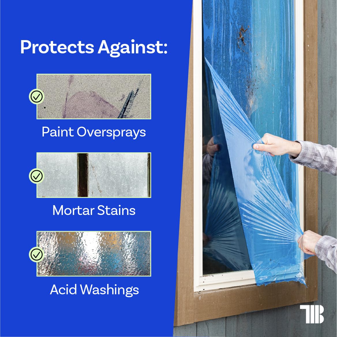 TapemanBlue protection film on glass with clean removal after use.