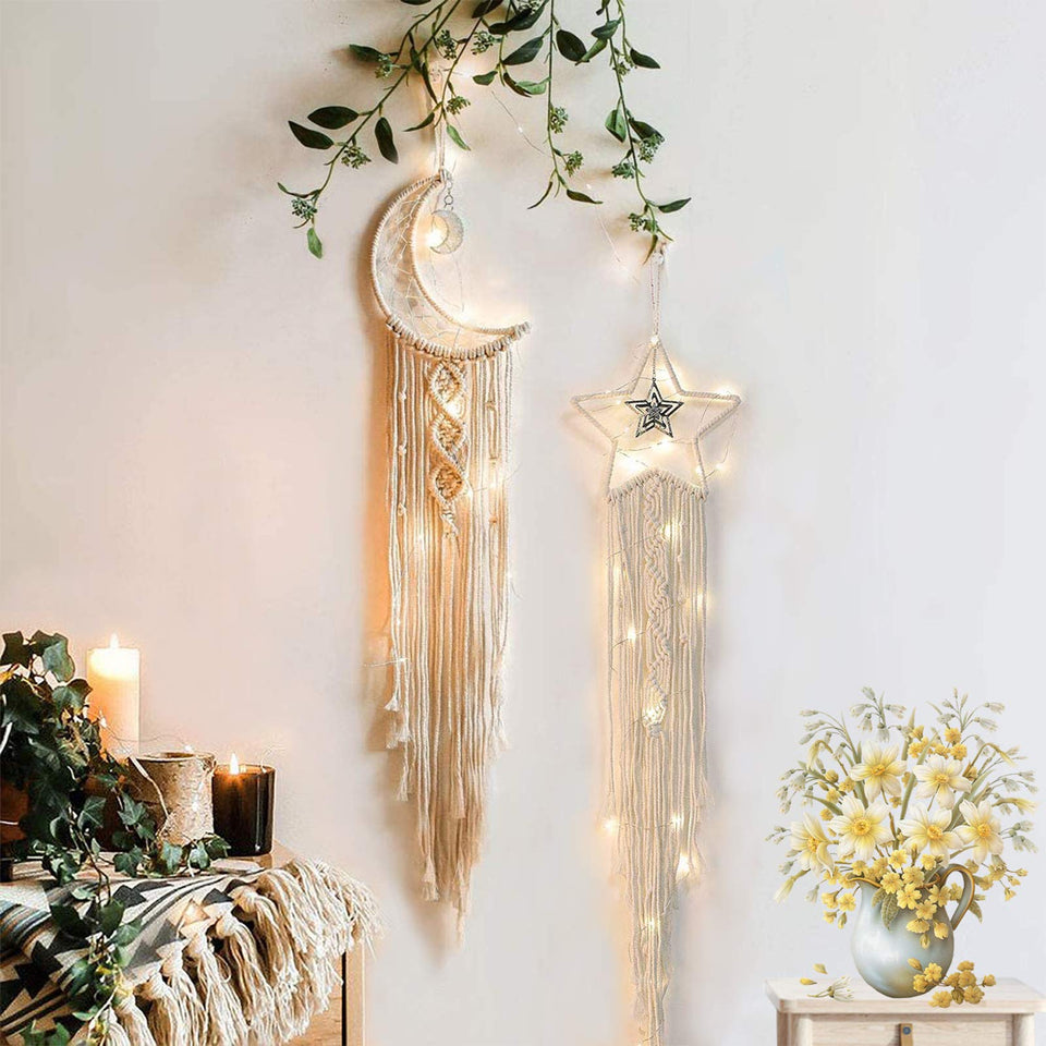 Tarklanda Moon Dream Catcher in beige hanging above a child's bed for peaceful nights.