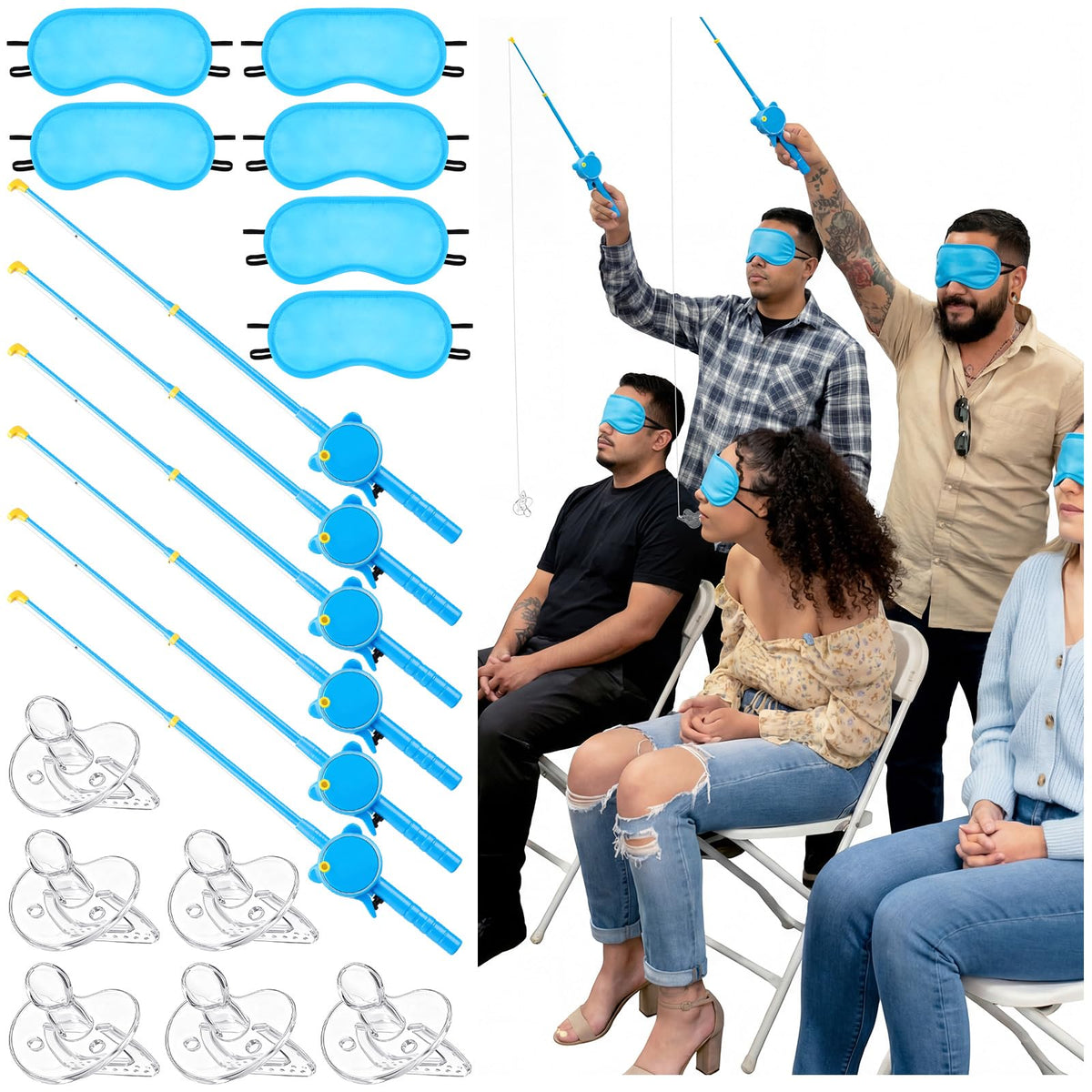 Tasdurian pacifier swing setup with blue accents for a lively baby shower activity.