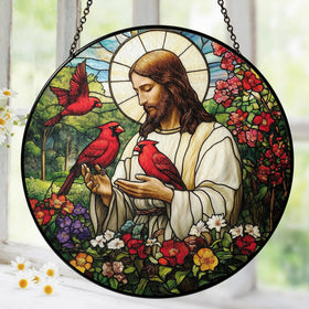 Tatkuink red cardinal suncatcher window hanging adds spiritual color to your home