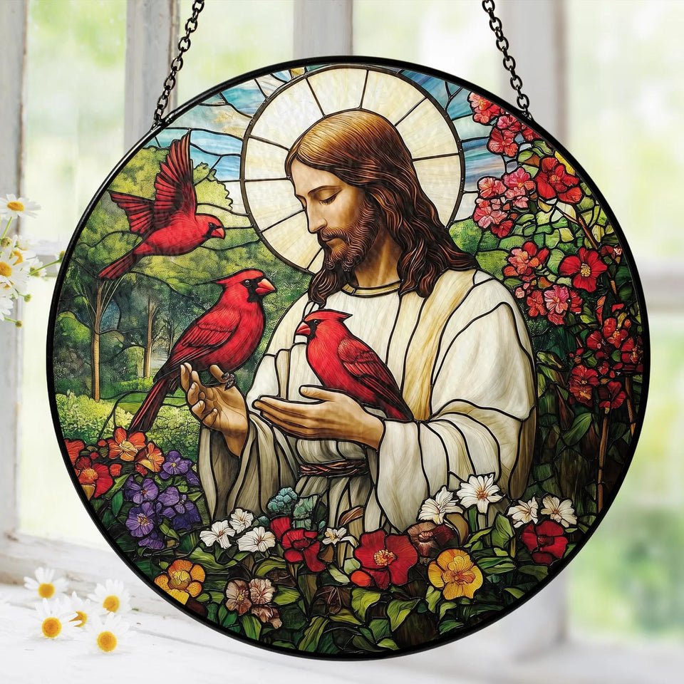 Tatkuink red cardinal suncatcher window hanging adds spiritual color to your home