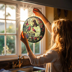 Tatkuink window hanging suncatcher invites natural light to illuminate faith-inspired art
