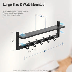 Tatub wooden shelf and metal hooks offer stylish storage.