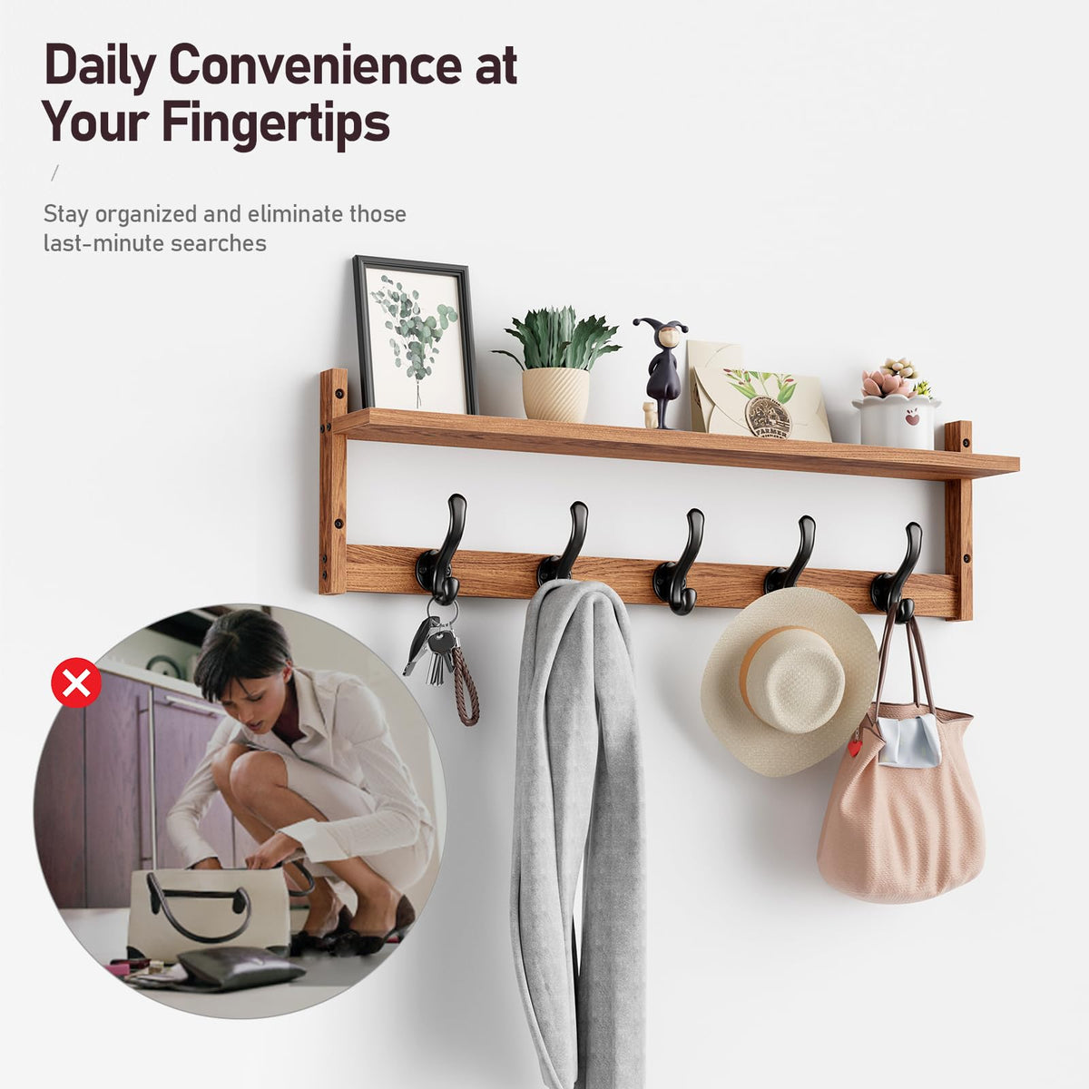 Tatub rustic brown wall rack with sturdy hooks for outerwear.