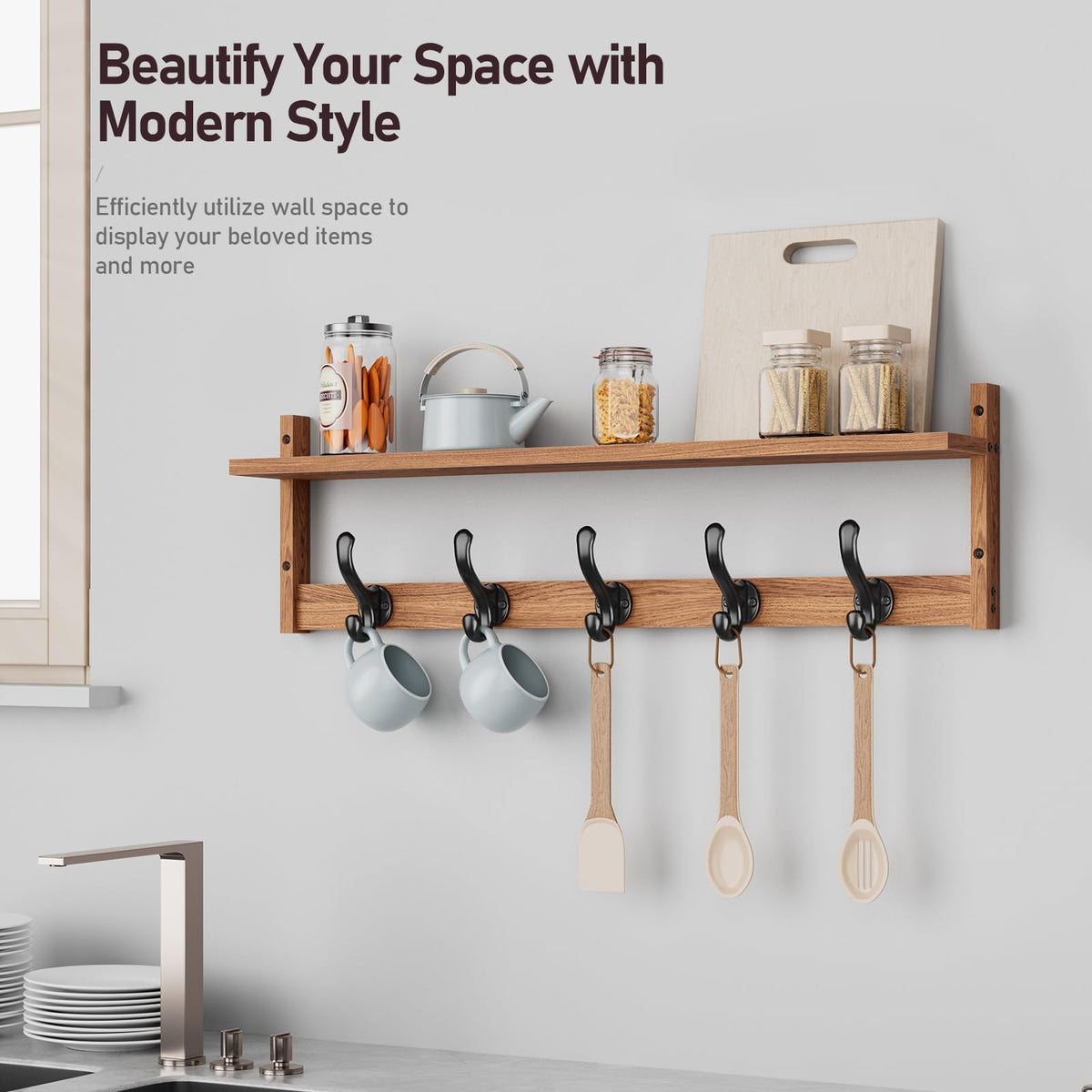 Tatub wood grain coat hanger shelf blends modern craft with function.