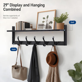 Tatub wood shelf and coat hooks blend storage and display in living spaces.