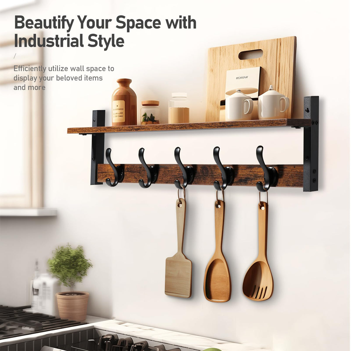 Tatub wood-texture MDF board with black metal hooks adds rustic charm.