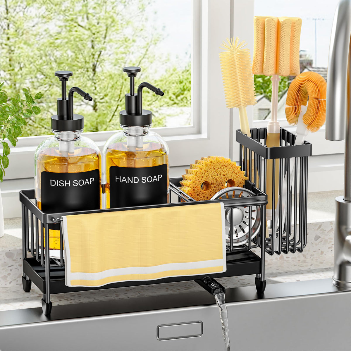 Tatull kitchen soap dispenser with transparent bottle and elegant pump for neat counters.