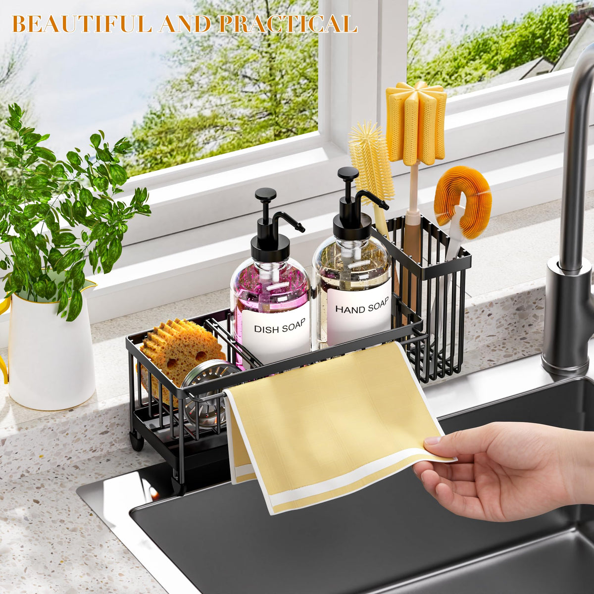 Rotatable spout on Tatull dispenser directs water to the sink, reducing countertop drips.