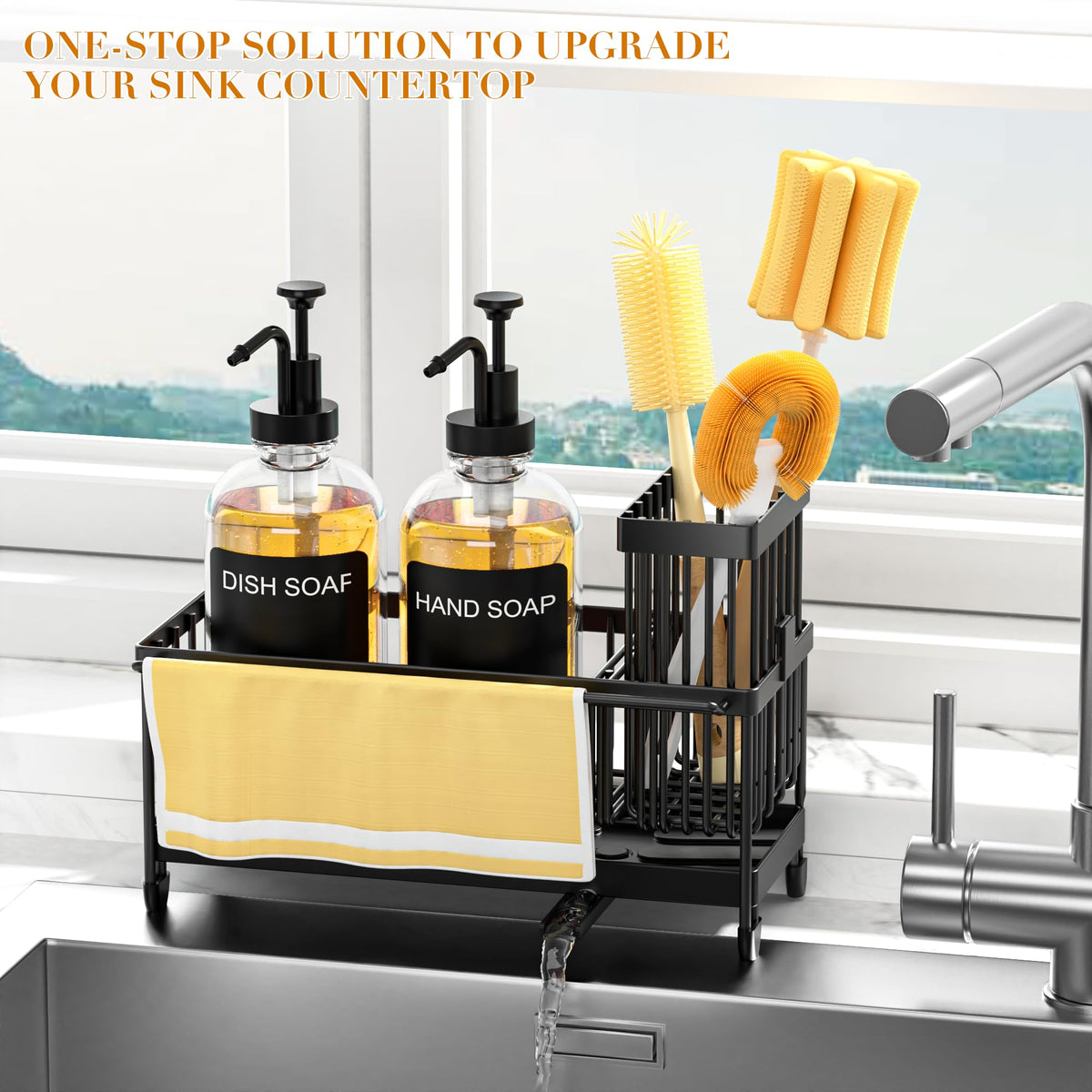 Tatull sink organizer helps keep bottles and brushes within reach.