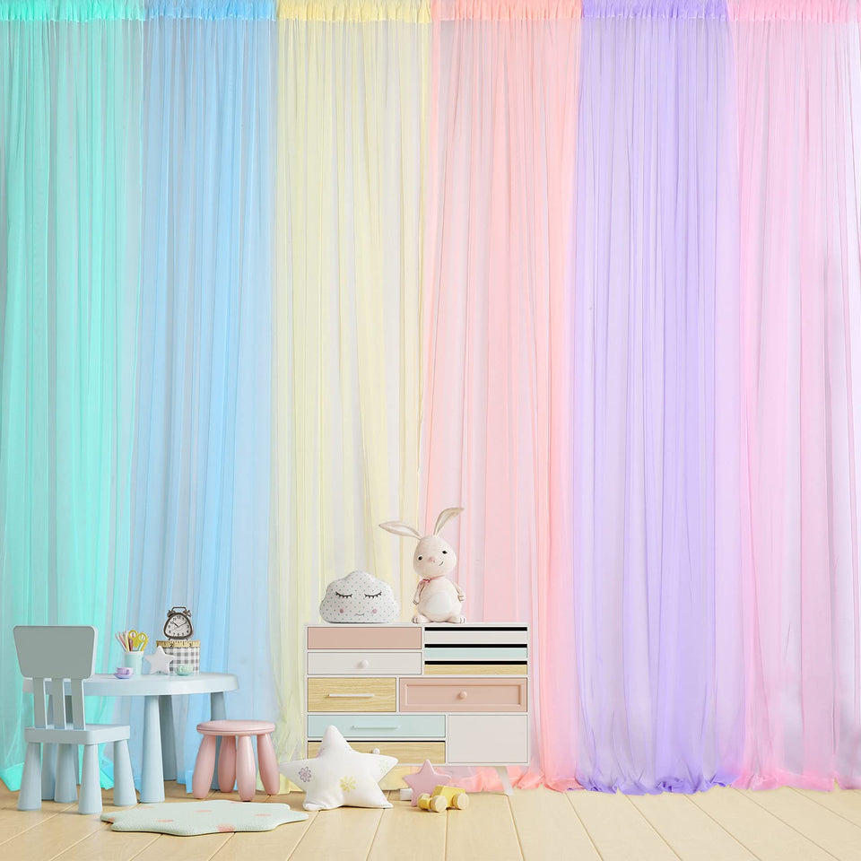Tatuo pastel rainbow tulle backdrop panels arranged for a vibrant party backdrop.