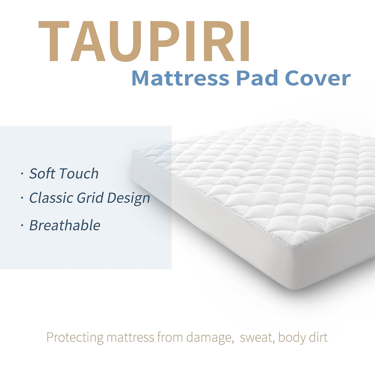 Taupiri King Quilted Mattress Pad Cover deep pocket up to 21in for secure fit.