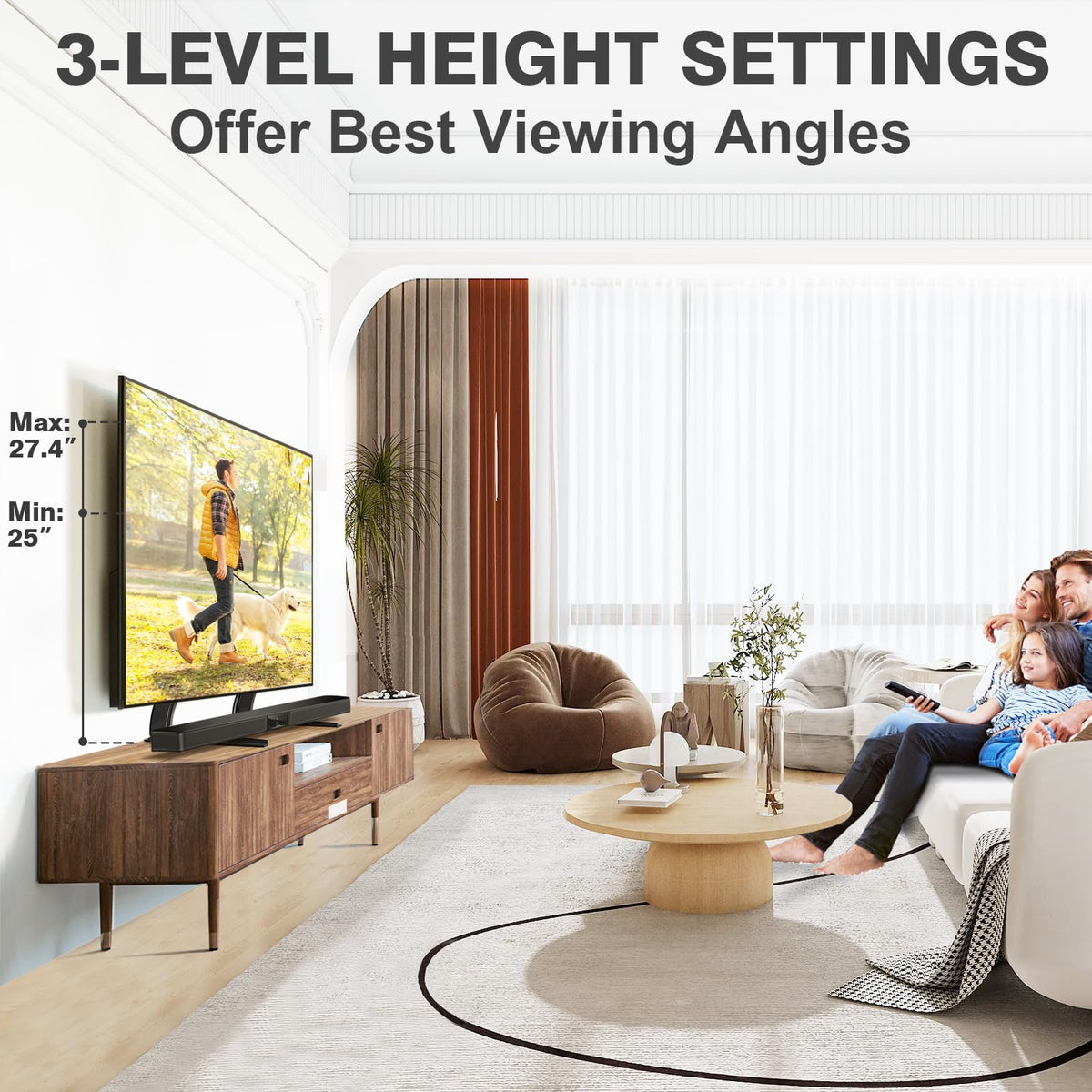TAVR Furniture height-adjustable table top TV stand offers eye-level viewing.