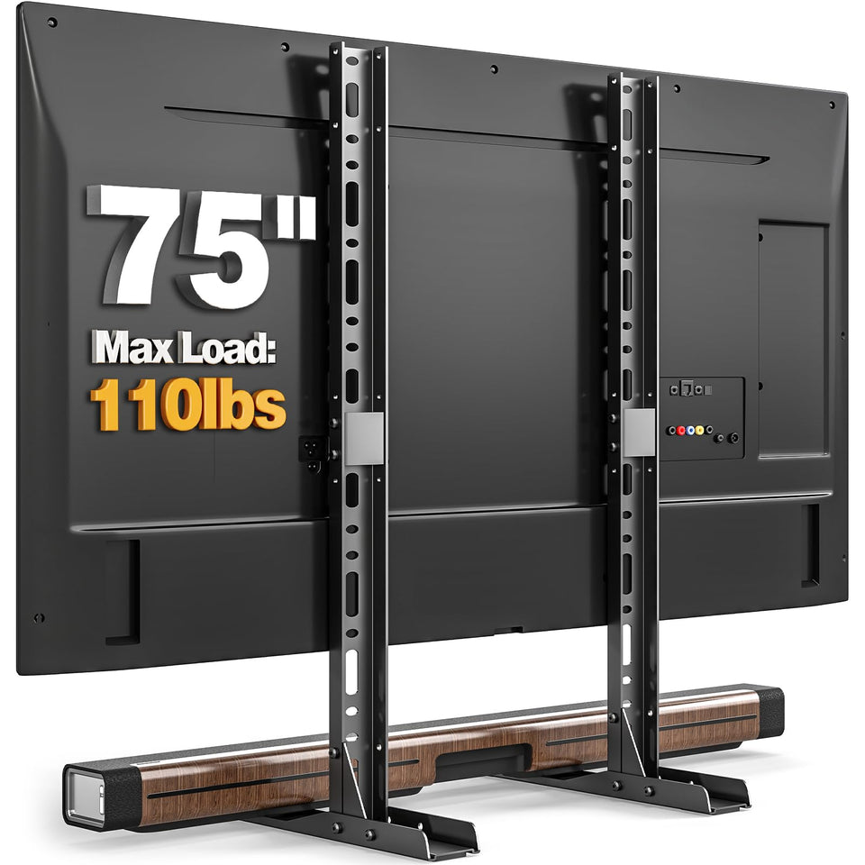 TAVR universal tabletop TV stand front view showing versatile compatibility and stable base