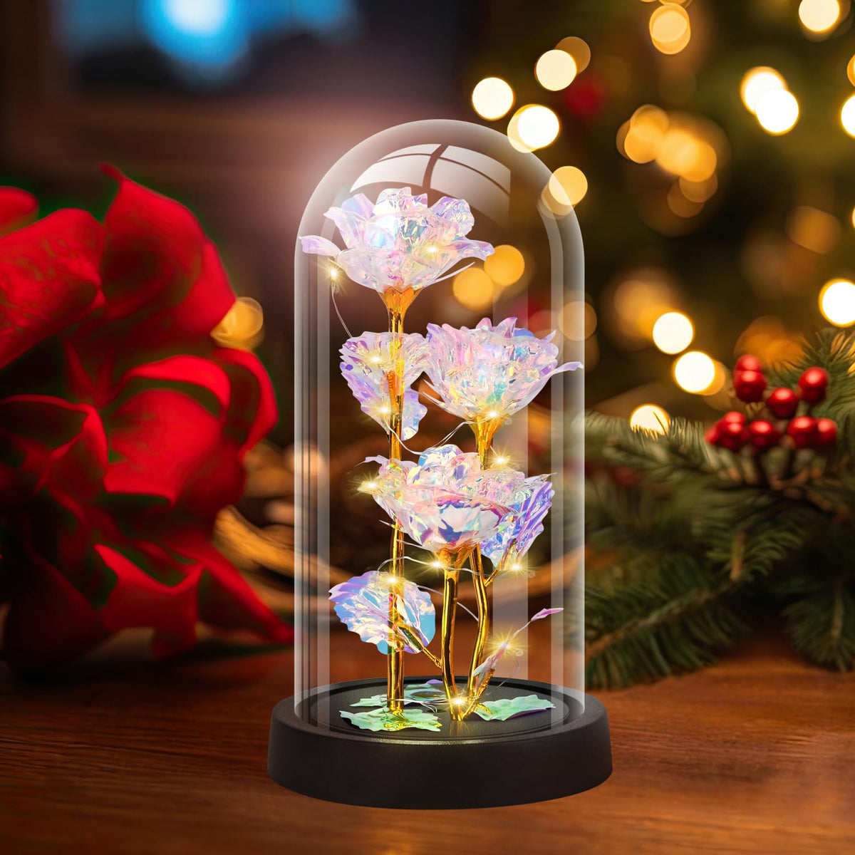 Tayfeim LED glass rose trio glows softly as a romantic nightlight
