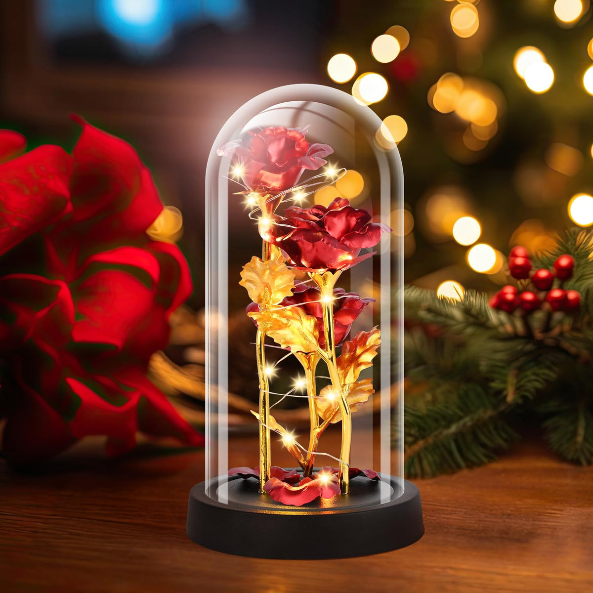 Tayfeim three-rose glass dome arrangement offering enduring affection