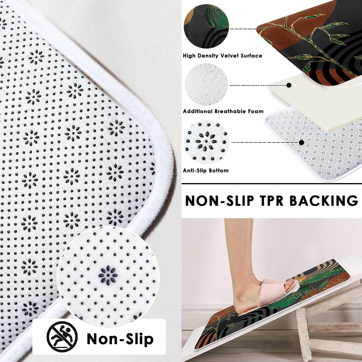 Tayney non-slip bath rug shows skid-resistant backing for safer showers.