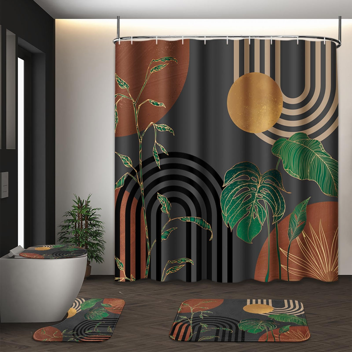 Tayney brown boho mid-century shower curtain set full view with fade-resistant print.