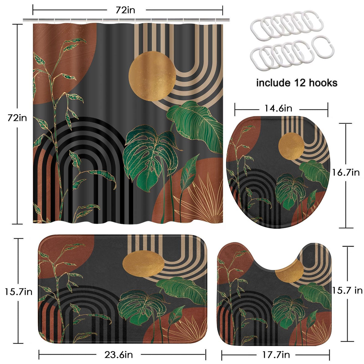 Tayney toilet lid cover matches boho design for cohesive bathroom look.