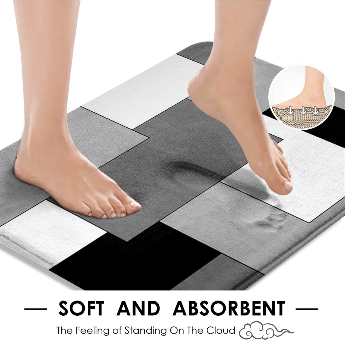 Tayney grey geometric bath mat offers soft comfort and quick dry performance.