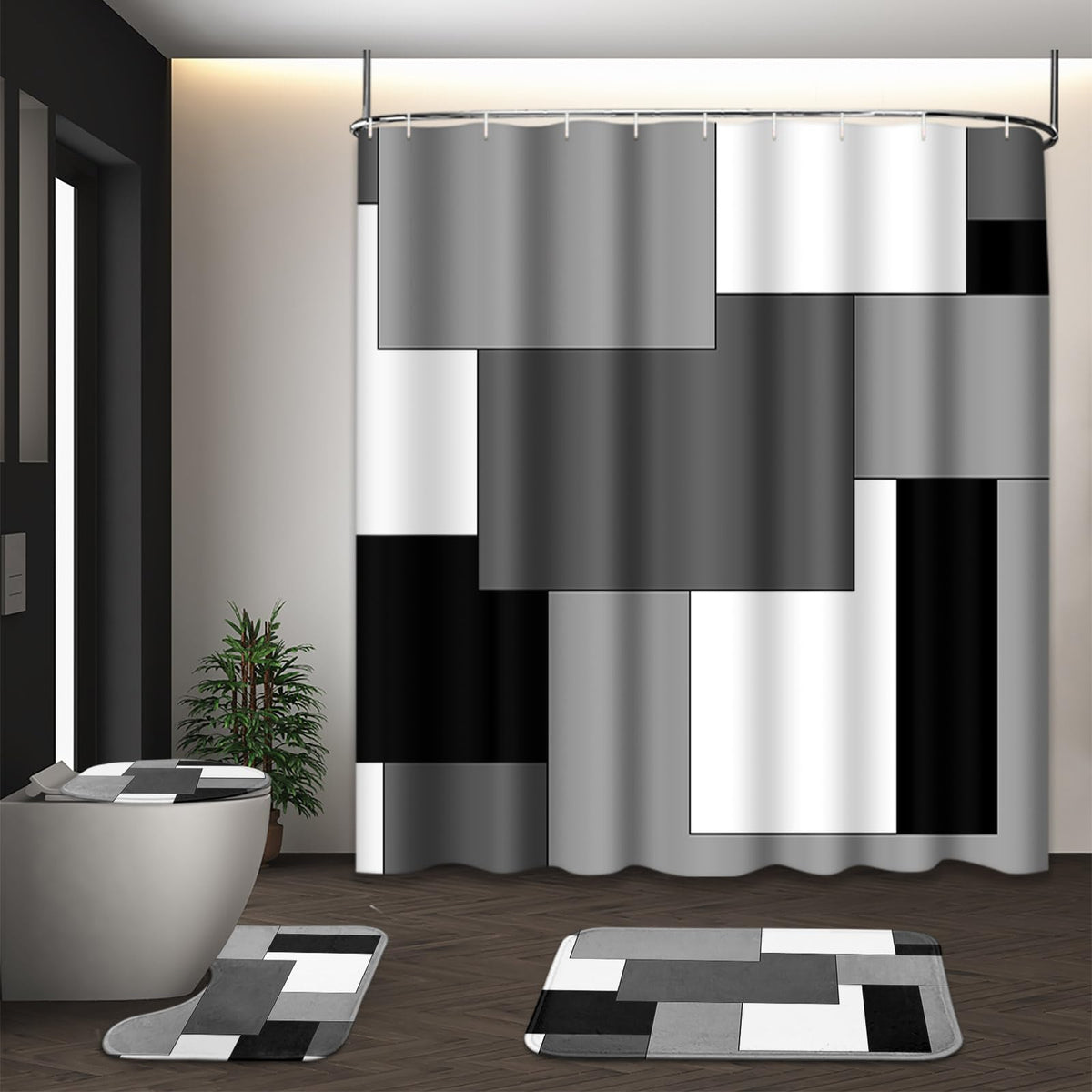 Tayney grey geometric shower curtain showcases bold pattern and durable curtain material.