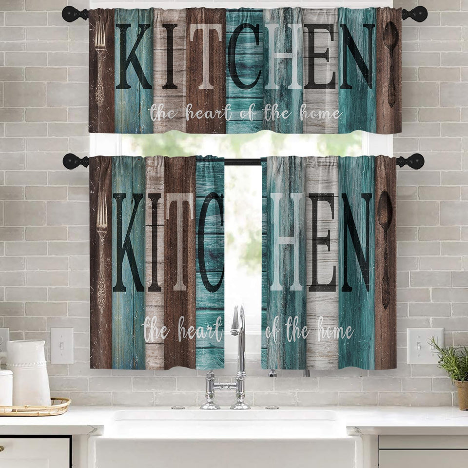 Tayney teal-brown valance 52x18 adds privacy and light diffusion in the kitchen