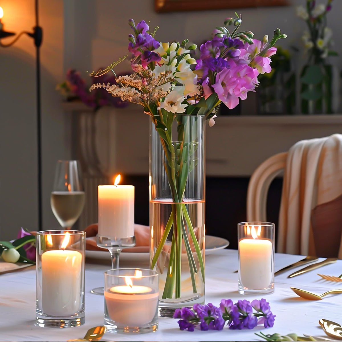 TBWIND 12-inch glass cylinder vase side profile enhances modern dining tables