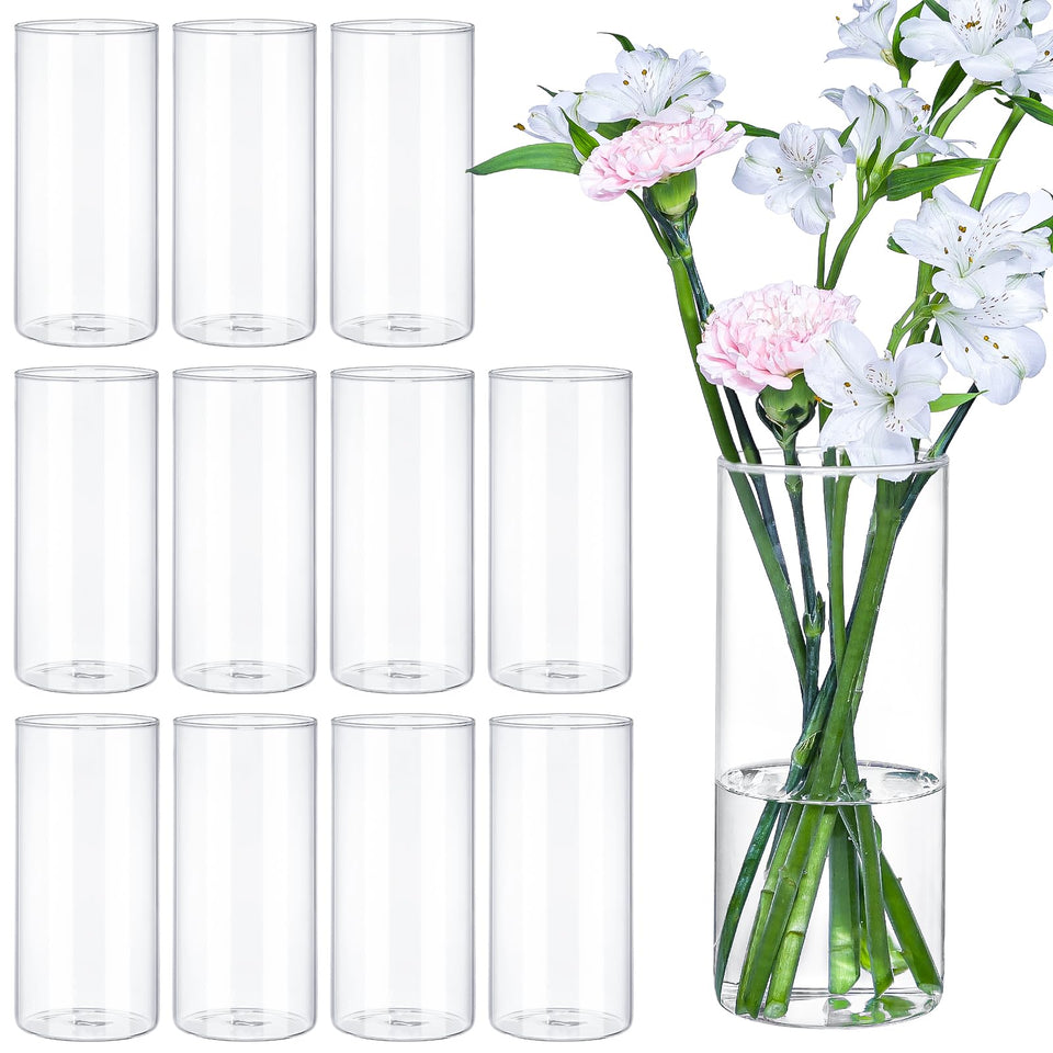 TBWIND 12-pack glass cylinder vases showcase blooms as elegant centerpieces for weddings.