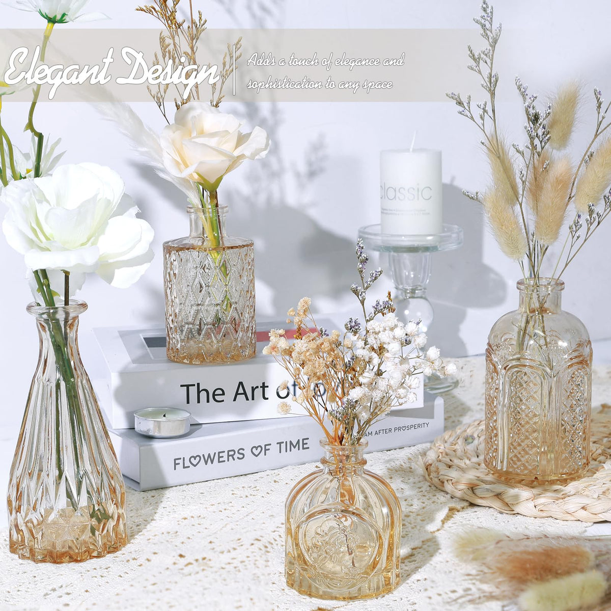 TBWIND amber bud vase collection complements weddings and home décor schemes.