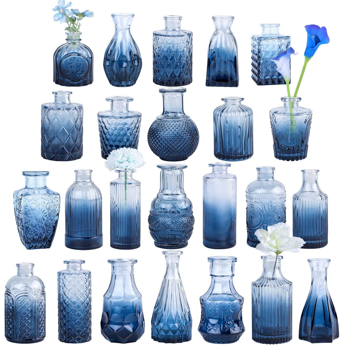 TBWIND blue glass bud vase set with etched patterns for elegant centerpieces.